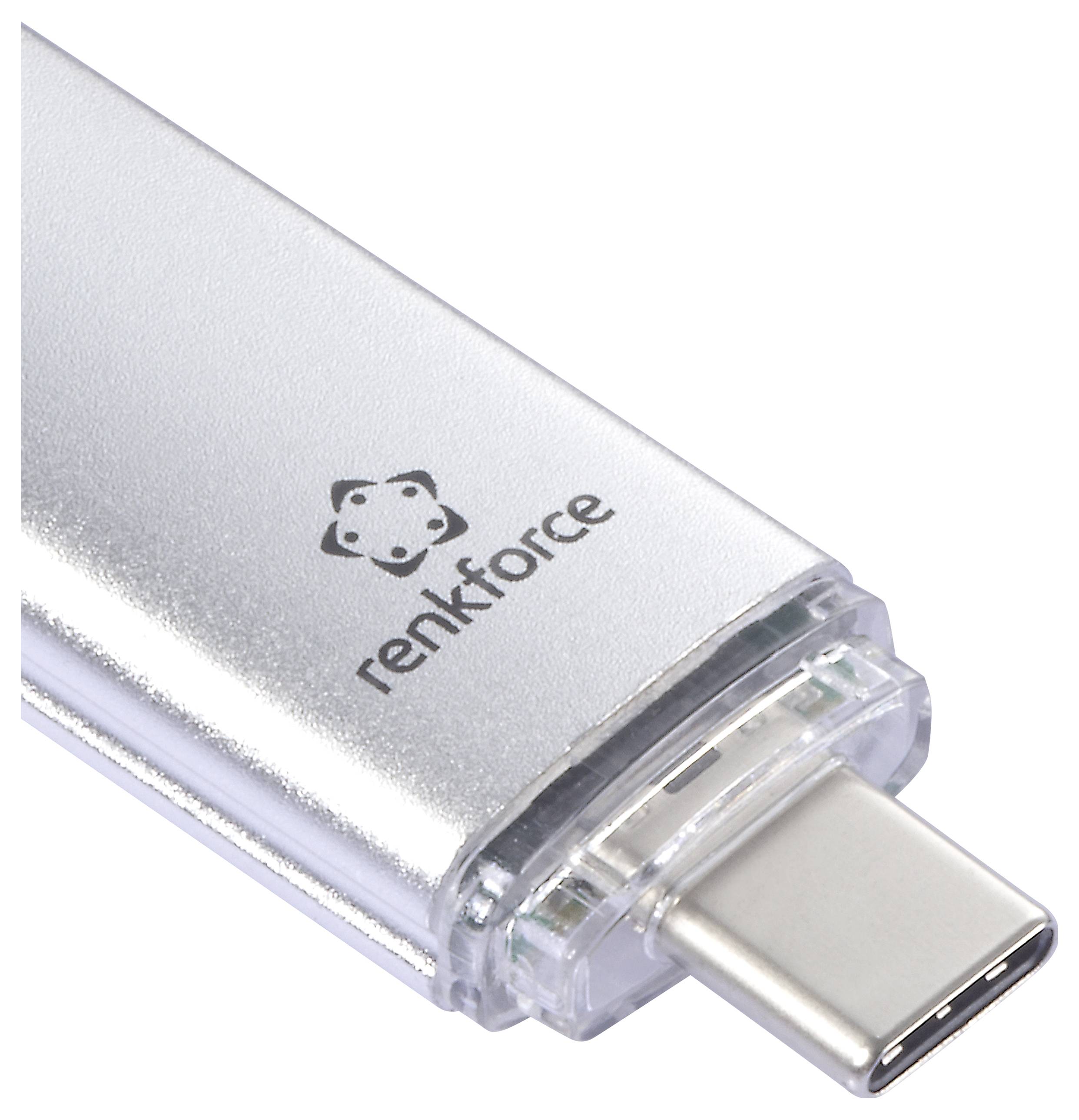 Silberner USB-C-Stick von renkforce auf weißem Hintergrund, zeigt die Anschlüsse und das Markenlogo.