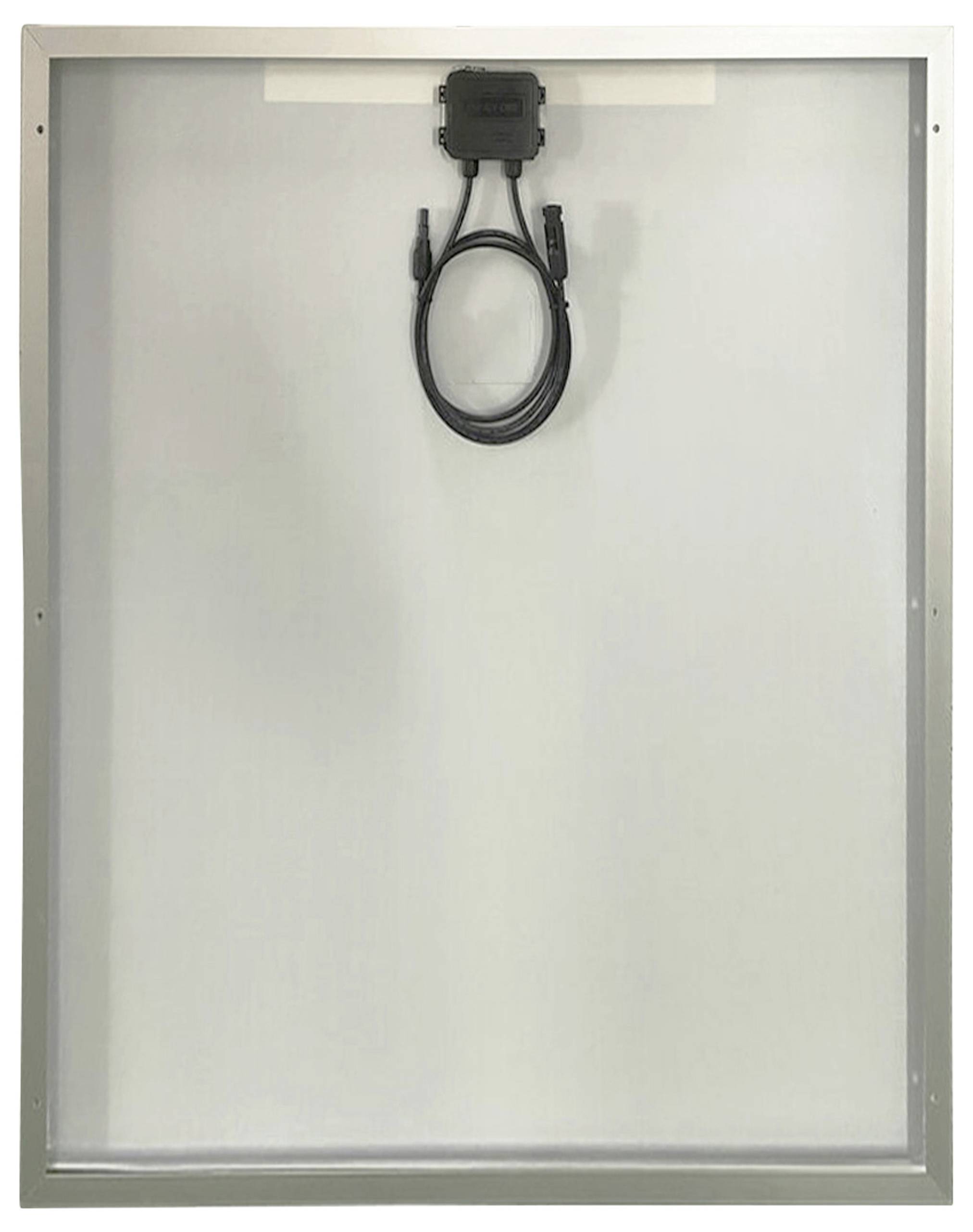 Ein einzelnes Solarzellenmodul mit einem Metallrahmen und befestigtem Kabel zur Stromübertragung.