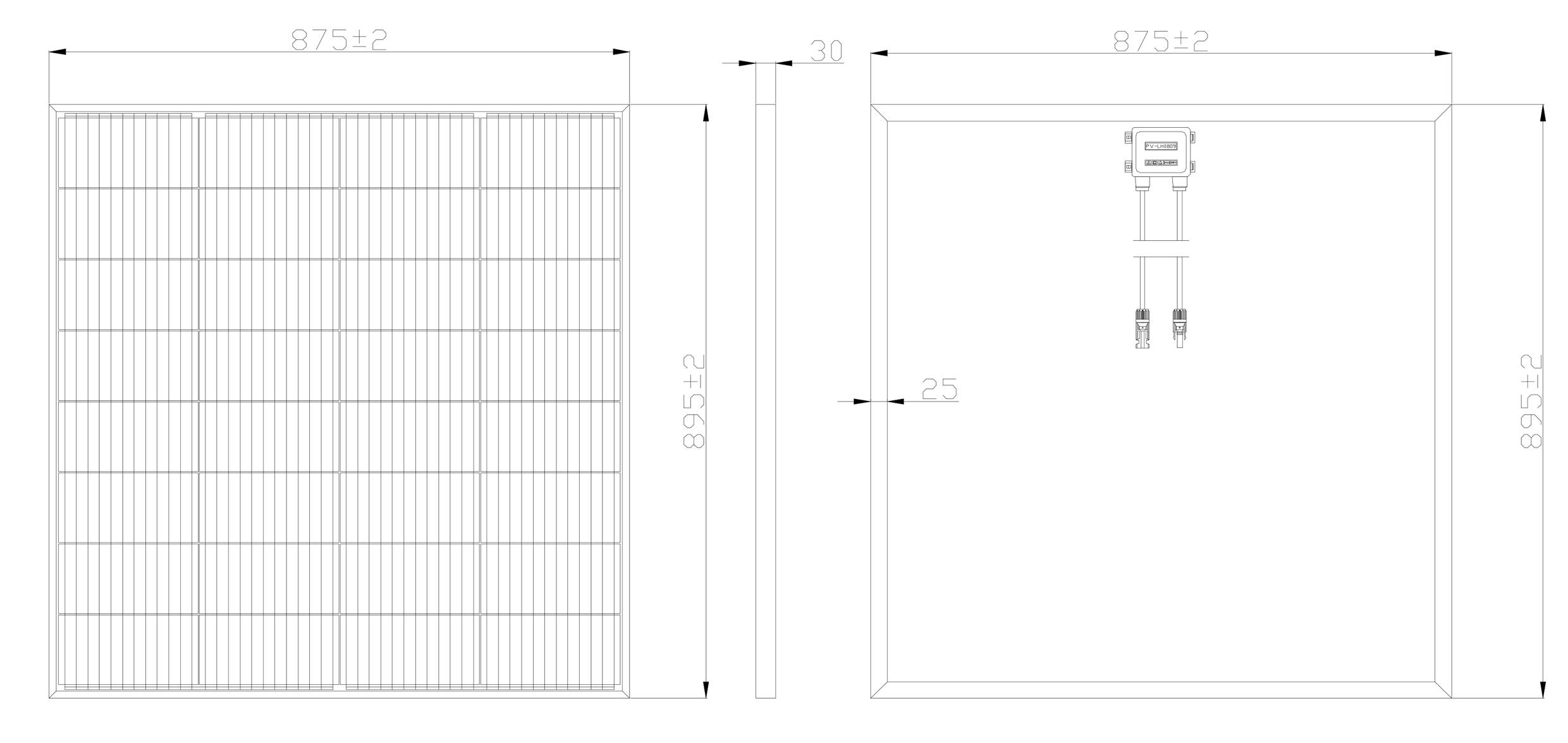 'Skizze von Solarpanel: Links Vorderansicht mit 40 Zellen, rechts Rückansicht mit Anschlussdetails. Maße: 875 x 895 mm.'