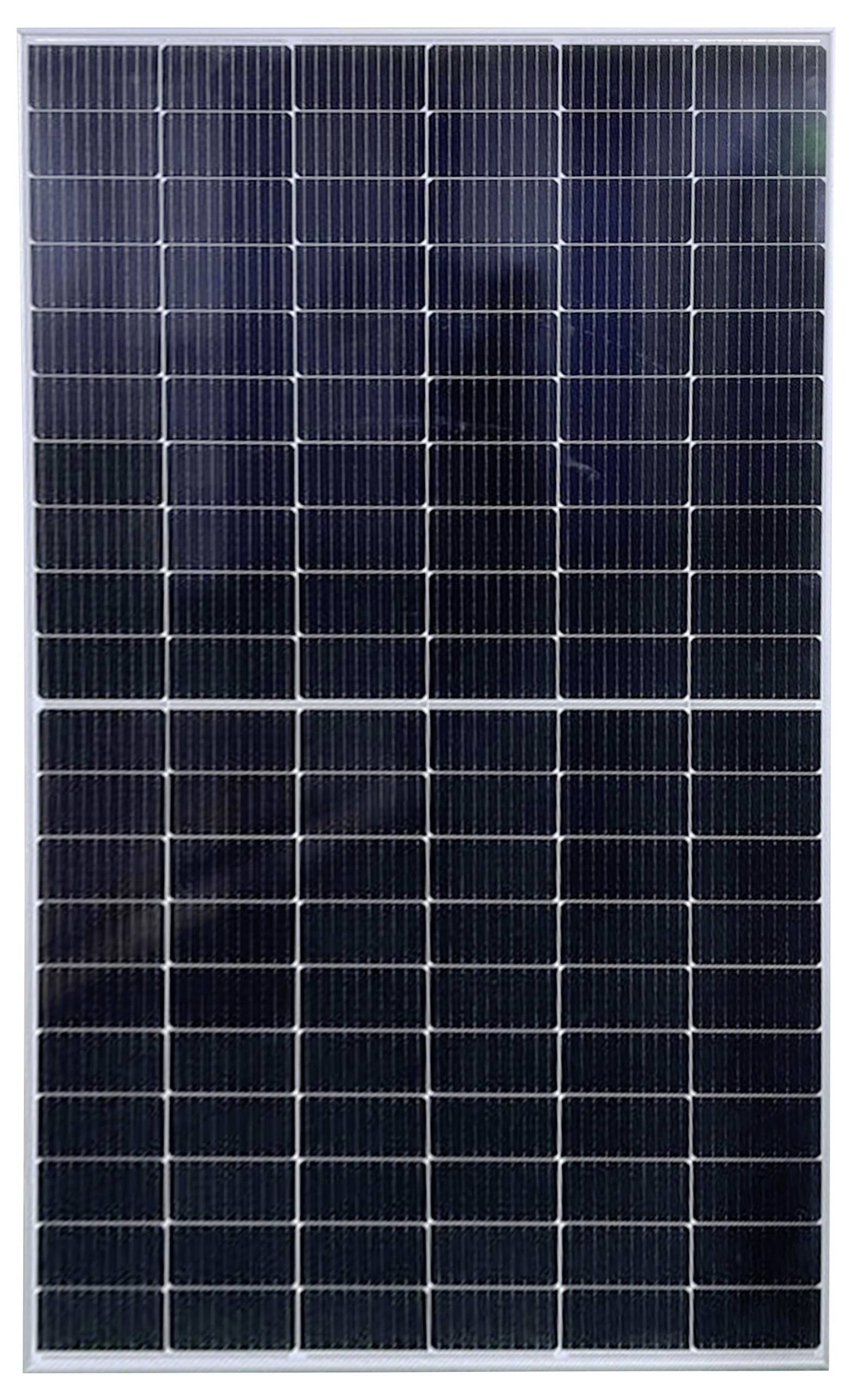 Ein Solarpanel mit einer quadratischen Anordnung von dunklen, rechteckigen Zellen, umgeben von einem dünnen, weißen Rahmen.