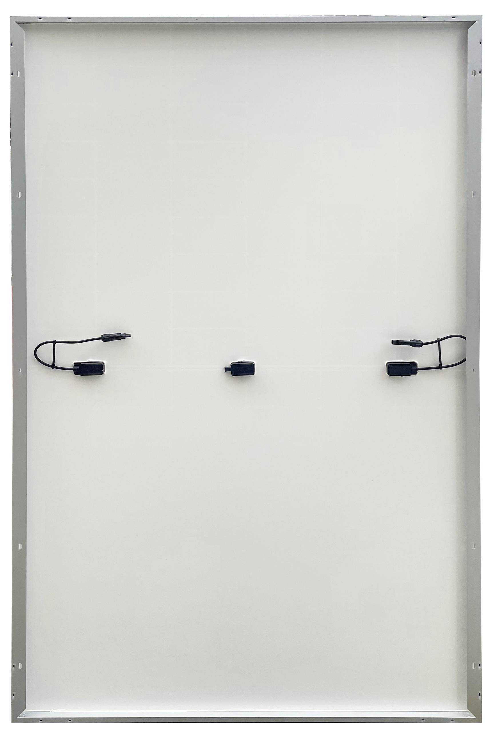 'Rückseite eines Solarmoduls mit zwei Kabeln und Anschlüssen sichtbar. Weiße Oberfläche in rechteckigem Rahmen.'