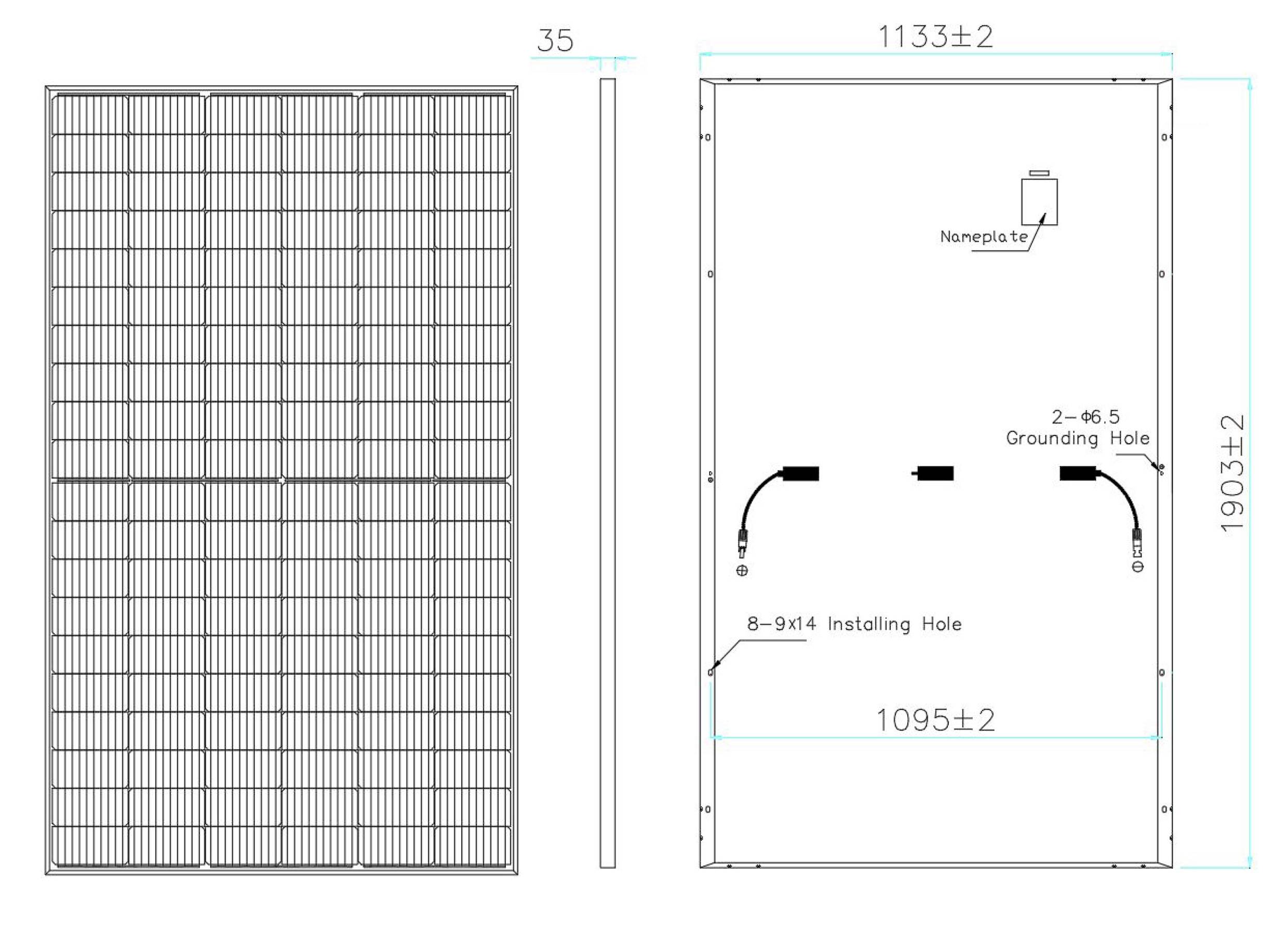 'Technische Zeichnung eines Solarmoduls. Links: Vorderseite mit rasterförmigem Muster. Rechts: Rückseite mit Anmerkungen zu Bohrlöchern und Abmessungen.'