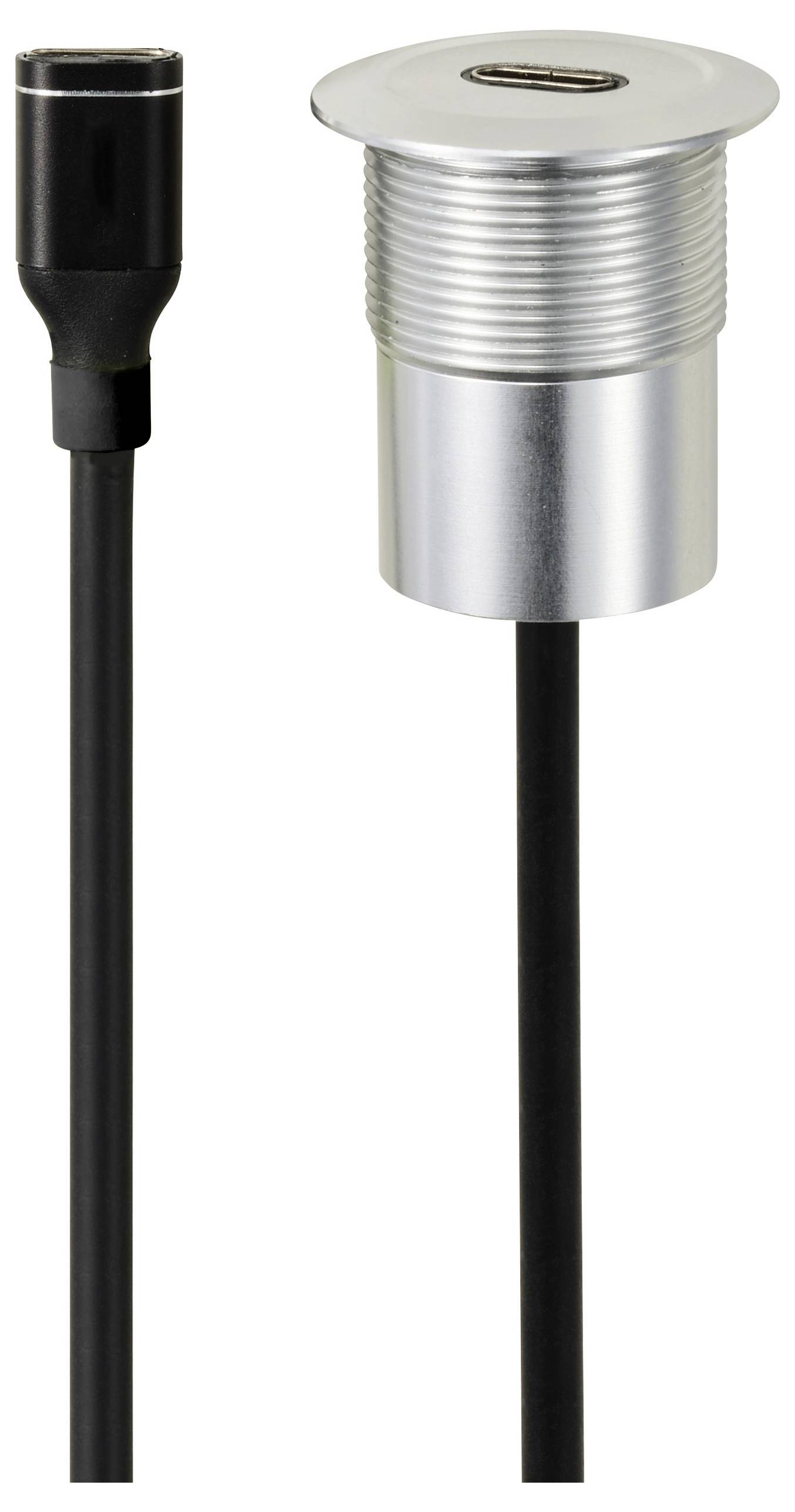 USB-C-Anschluss in einem runden, silbernen Gehäuse mit schwarzem Kabel. Daneben ein schwarzes, schlankes Steckerende.