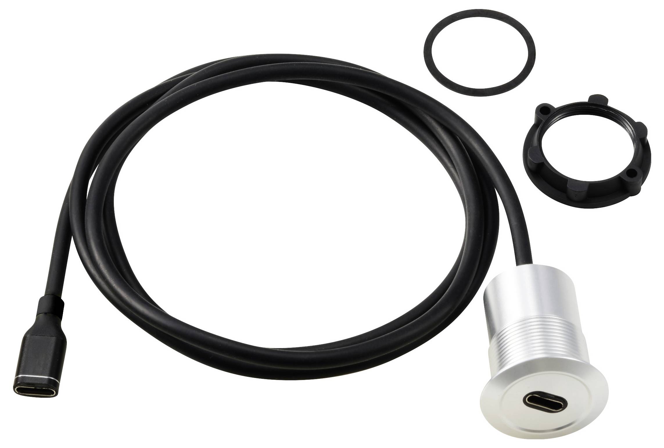 'Bild zeigt ein USB-C-Kabel mit rundem Metallgehäuse, Dichtungsring und Montagehalterung. Geeignet zur Installation an Oberflächen.'