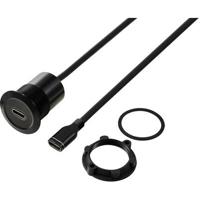 USB-C-Einbaubuchse mit Kabel, rundem Gehäuse und Montagering, geeignet für Geräteintegration.