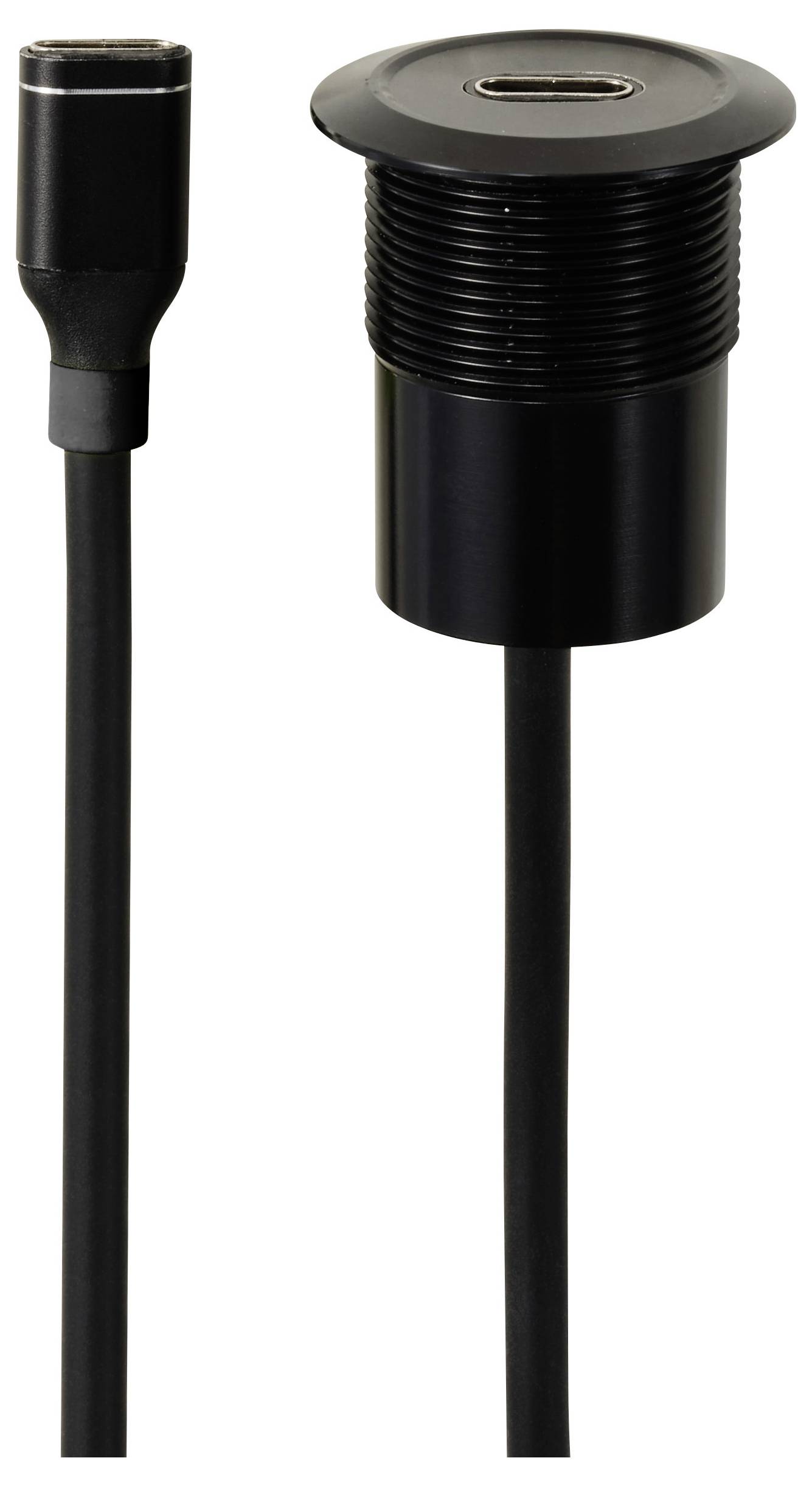 Ein schwarzes USB-C-Kabel mit Anschluss und Buchse.