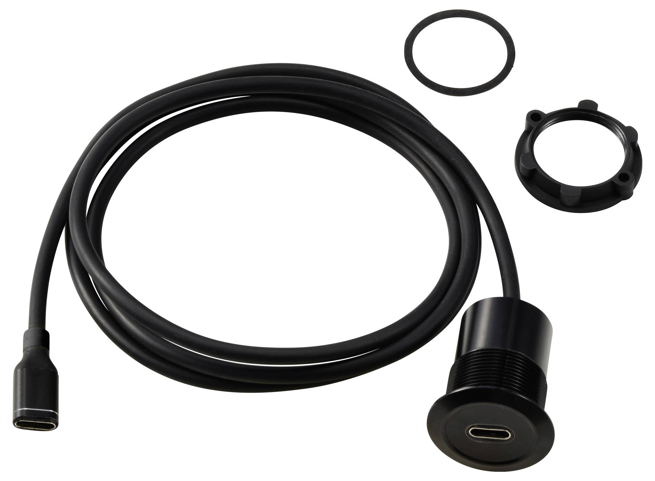 Ein USB-C-Kabel mit einer runden, schwarzen Befestigungsmöglichkeit und einem einzelnen O-Ring, wahrscheinlich zur Installation geeignet.