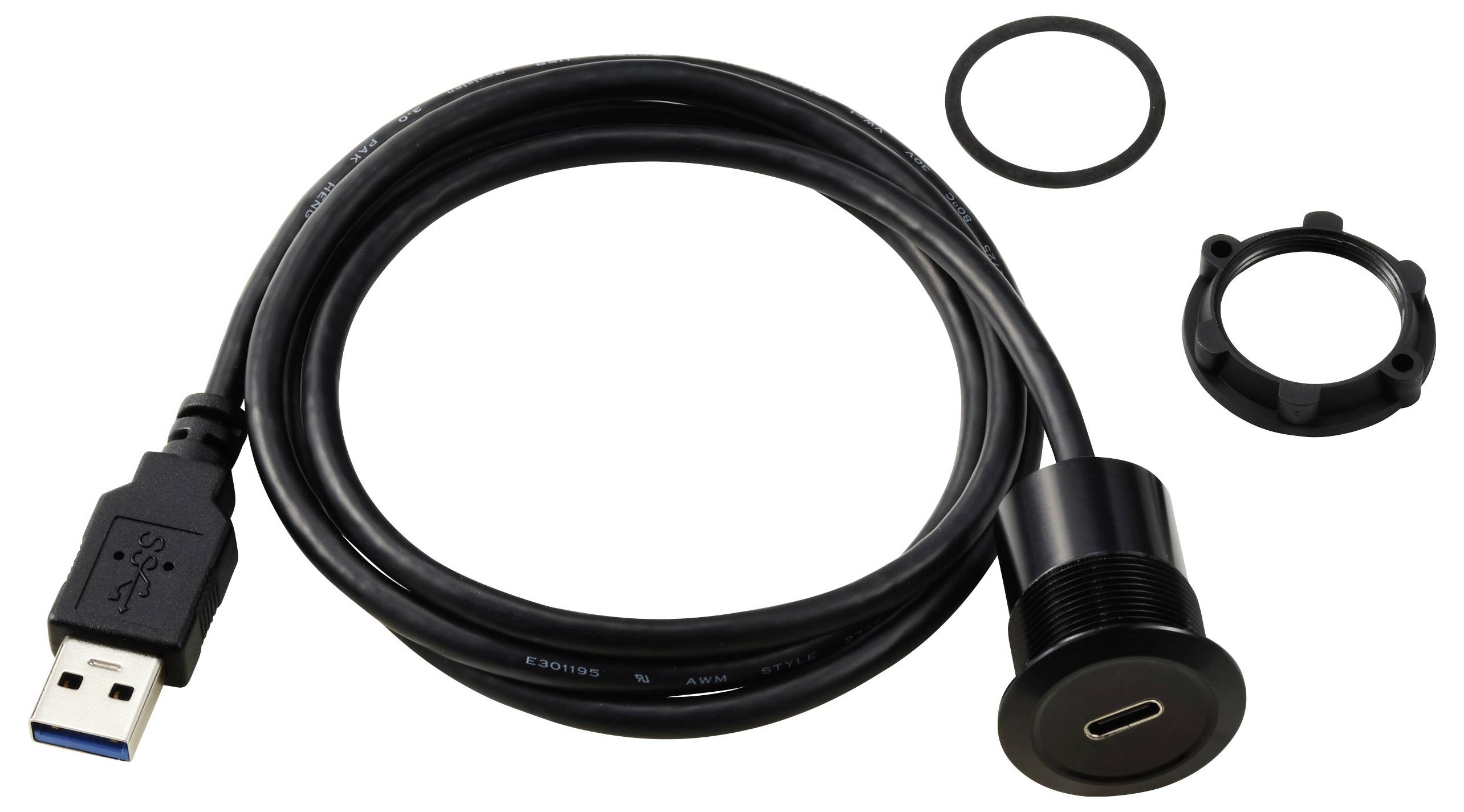 USB-Verlängerungskabel mit USB-Anschluss und Montagezubehör, geeignet zur festen Installation in einem Gehäuse oder Armaturenbrett.