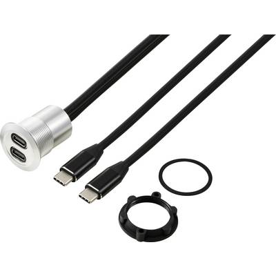 Doppelter USB-C-Adapter mit silberner Buchse und zwei angeschlossenen Kabeln. Enthält einen schwarzen Ring und Halterung zur Montage.