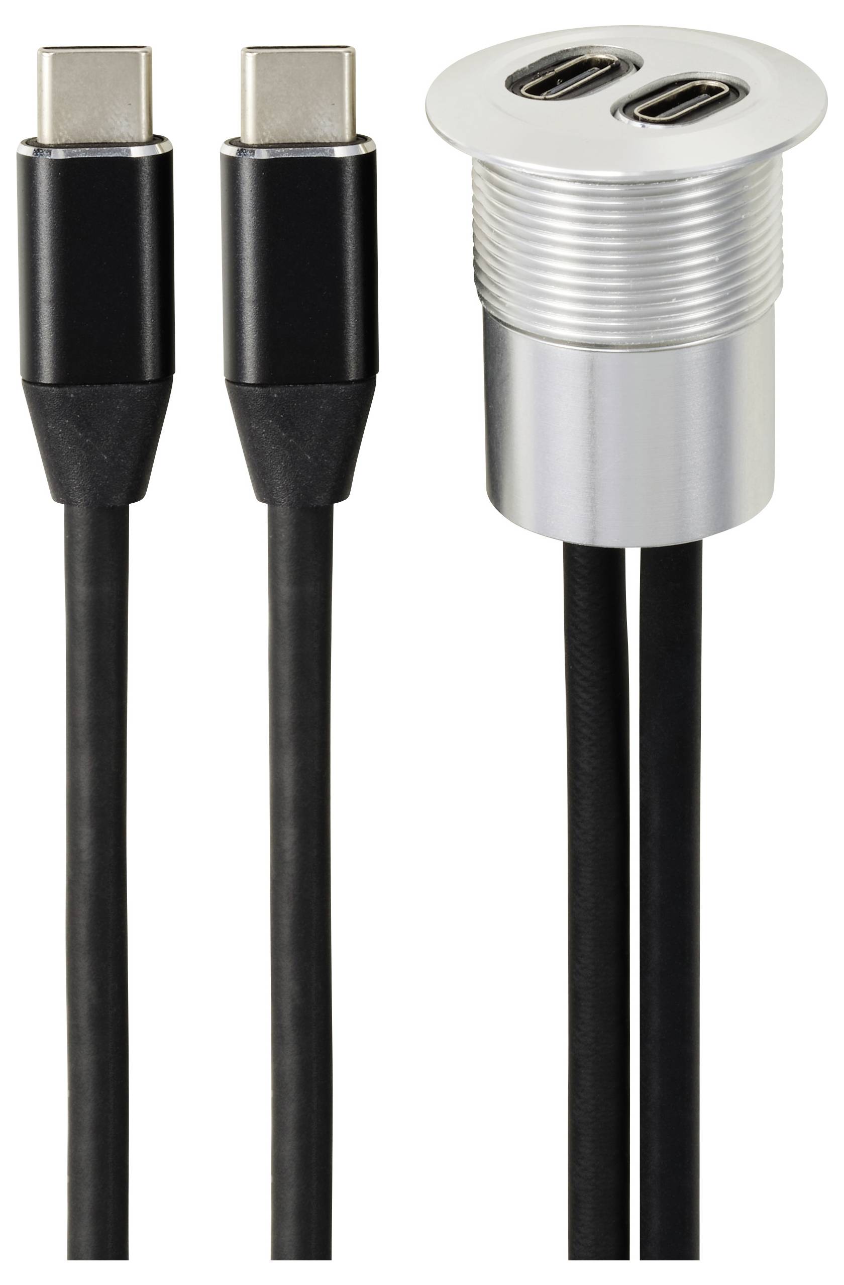 Zwei schwarze USB-C-Kabel und eine silberne, runde Buchse mit zwei USB-C-Anschlüssen. Ideal für technische Verbindungen.