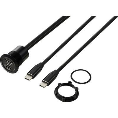Doppelter USB-C-Anschluss mit zwei Kabeln und Montagezubehör. Geeignet für Geräteverbindungen und Datenübertragung.