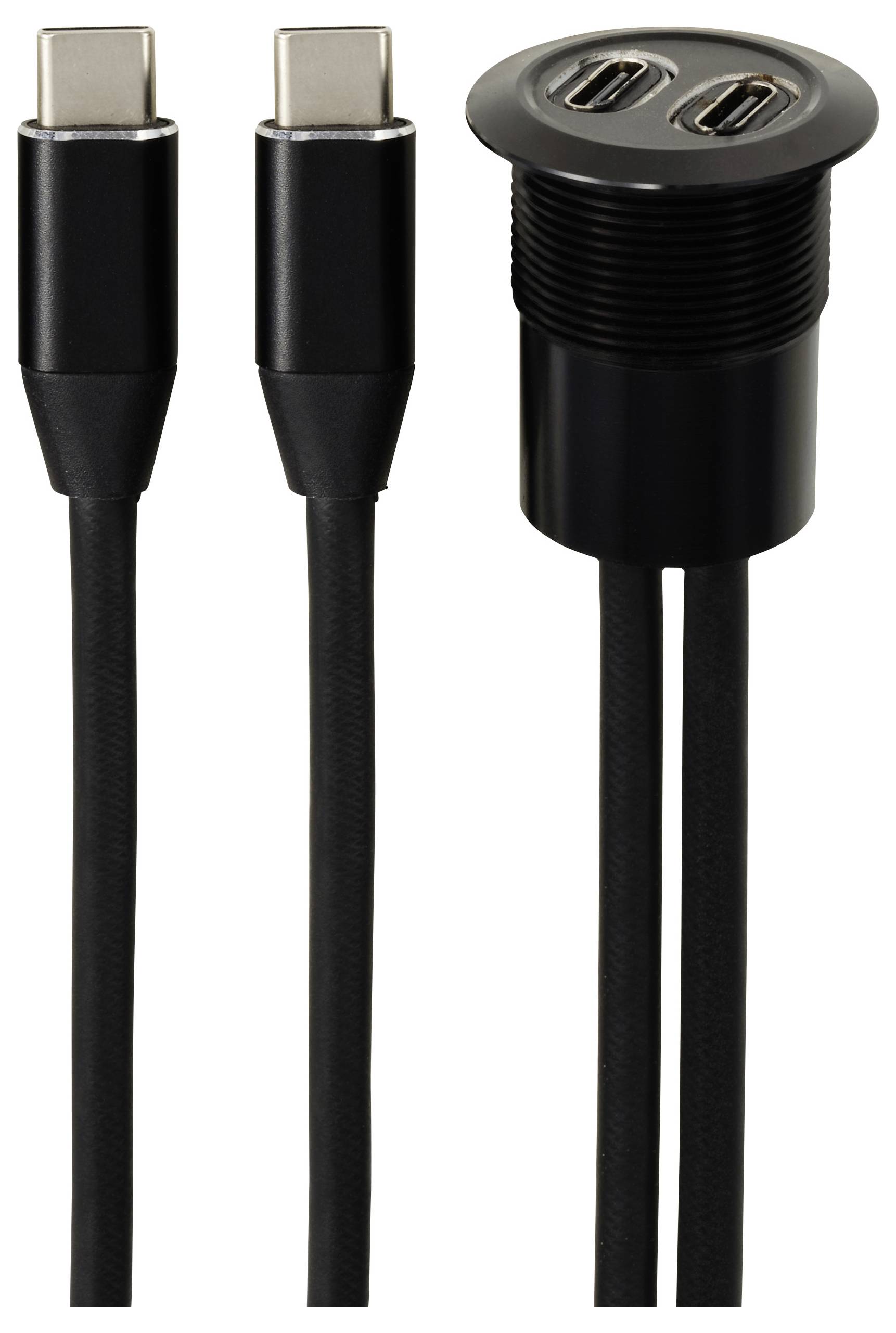 Zwei USB-C-Kabel mit abnehmbarer Abdeckung für den Einbau, geeignet für Möbel oder Wandmontage.