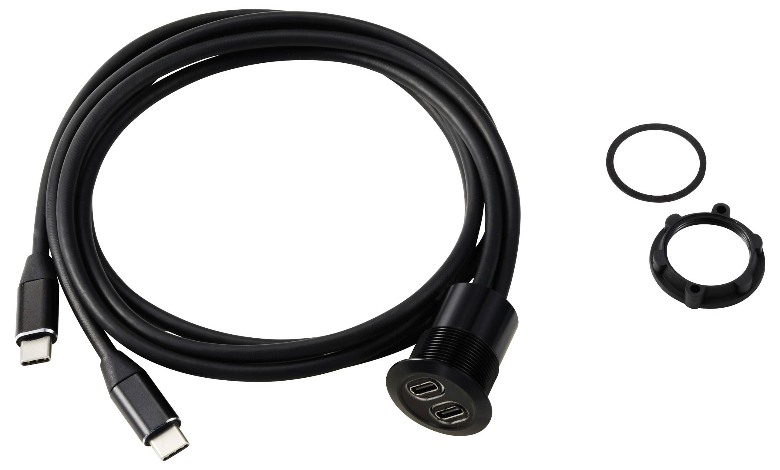 USB-C-Anschlusskabel mit zwei Steckplätzen, rundem Befestigungsrahmen und Dichtung, geeignet für Anschluss- und Ladezwecke.