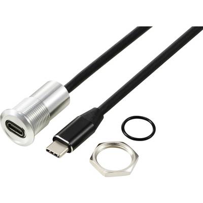 USB-C-Kabel mit runder Metallbuchse, schwarzem Kabel und passenden Montagekomponenten, einschließlich Dichtung und Mutter.