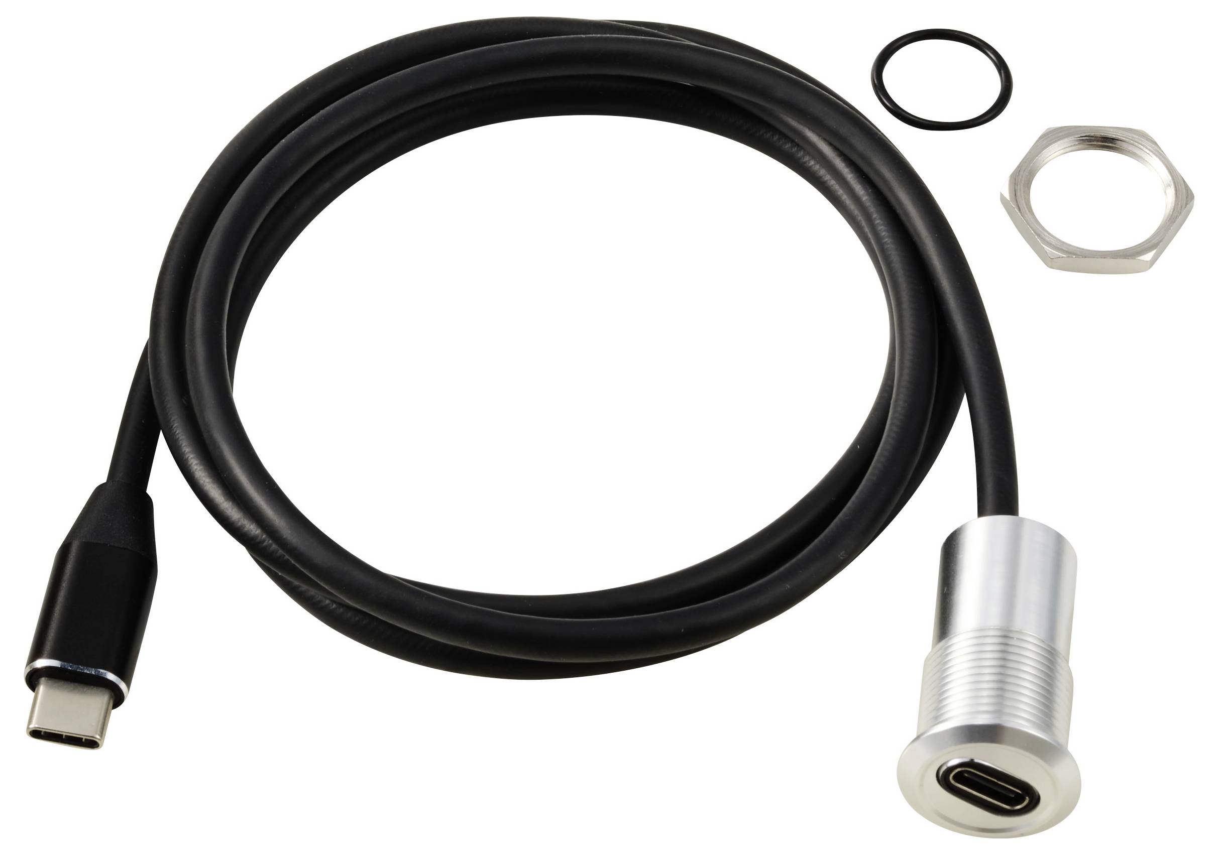 Ein USB-C-Kabel mit einer runden Metallbasis und einem Befestigungsring, geeignet für Geräteanschlüsse und Einbau in Oberflächen.