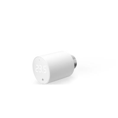 Weißes, zylindrisches Thermostat mit digitaler Anzeige von '23.5'. Zeigt Temperatur in Grad Celsius. Minimalistisches Design.