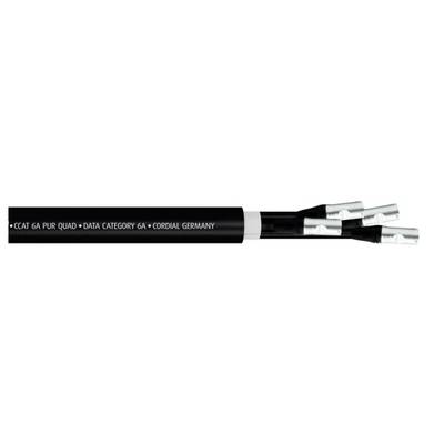 Schwarzes Kabel mit sichtbaren silbernen Kabelspitzen. Aufschrift: 'CAT 6A PUR QUAD – DATA CATEGORY 6A – DRAGAL GERMANY'.