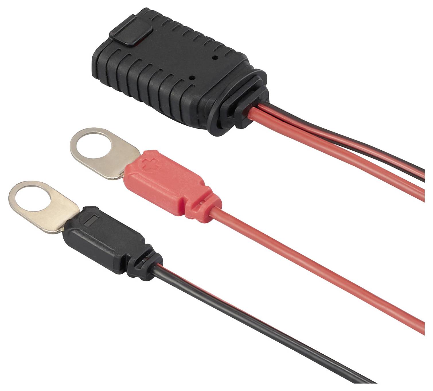 Zwei Batterieklemmen mit Kabelverbindungen und Steckverbindung, eine in Rot und die andere in Schwarz, zur Stromversorgung.