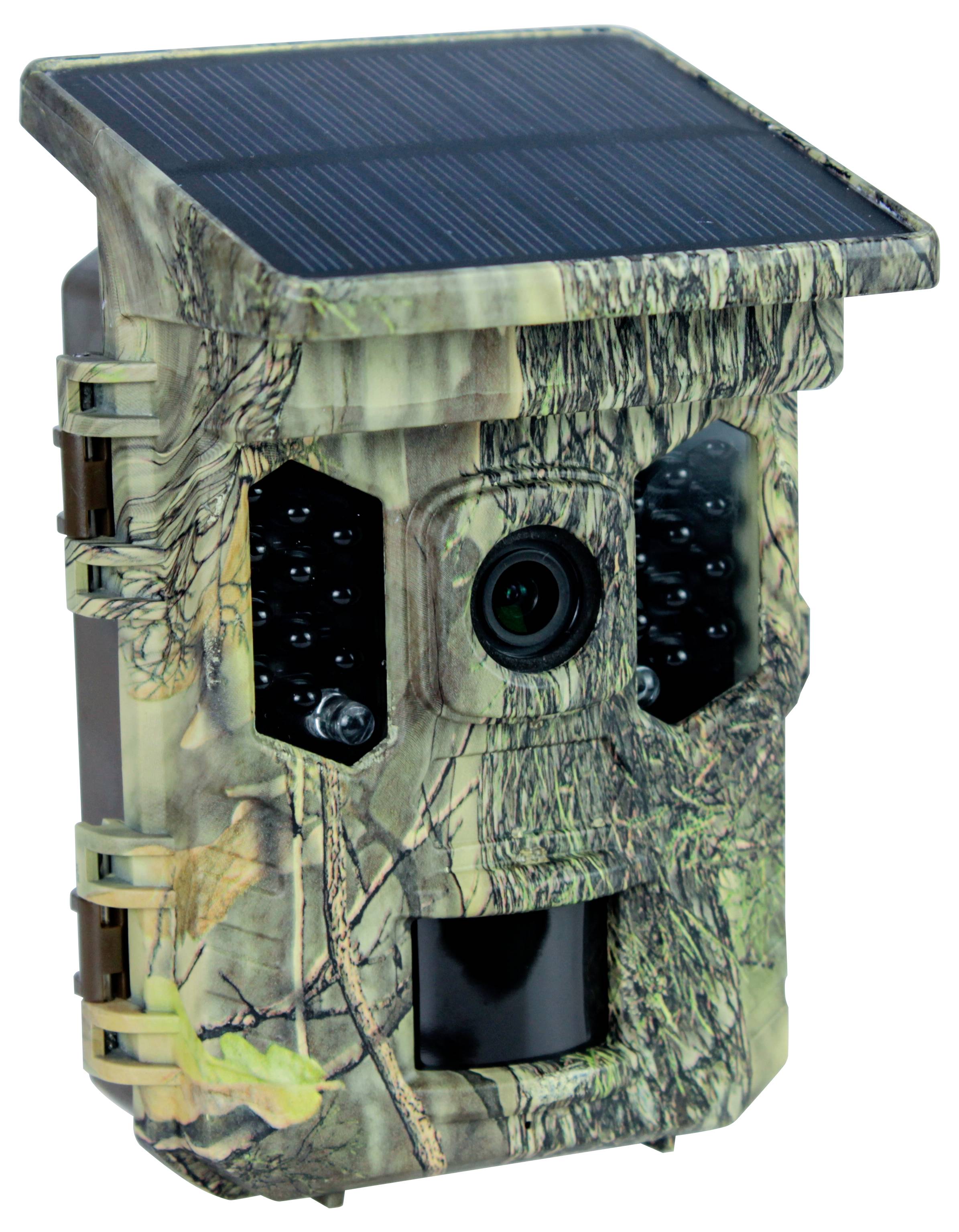 Kamera mit Tarnmuster und Solarpanel, entwickelt für die Tierbeobachtung im Freien.