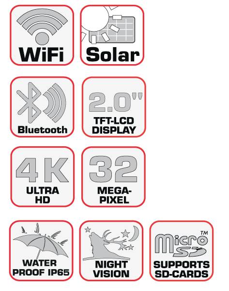 'WiFi, Solar, Bluetooth, 2.0" TFT-LCD Display, 4K Ultra HD, 32 Megapixel, Water Proof IP65, Night Vision, Supports Micro SD-Cards' Symbole.
