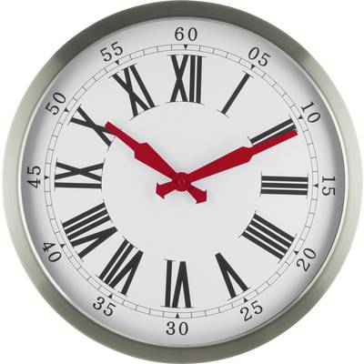 Runde Uhr mit römischen Ziffern von I bis XII, zwei roten Zeigern und einem Metallrahmen. Zeigt etwa 10:10 Uhr.