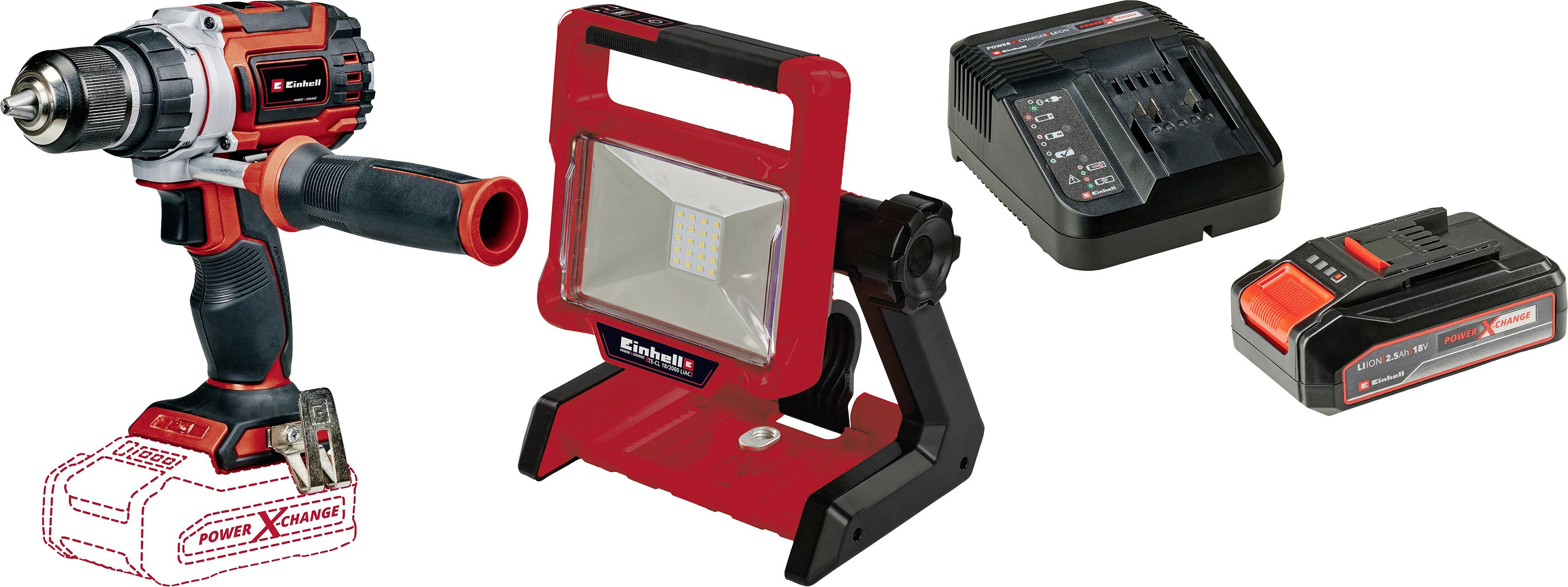 Akkubohrschrauber, LED-Baustrahler, Ladegerät und Akku in einem Set. Perfekt für vielseitige Heimwerkerarbeiten.