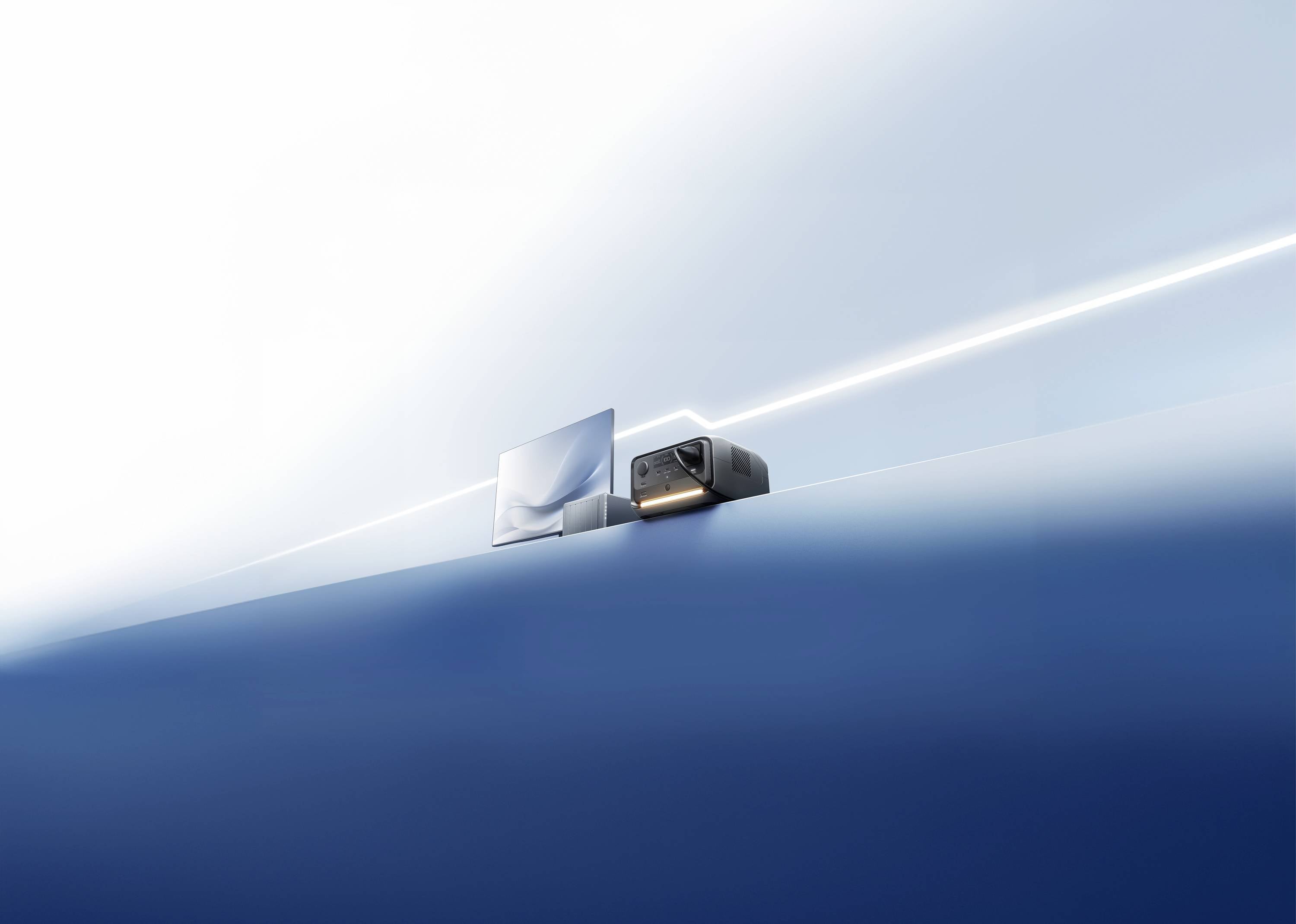 Ein blauer Hintergrund mit einem technischen Gerät und einem Bildschirm. Das Gerät scheint eine Verbindung zum Bildschirm herzustellen.