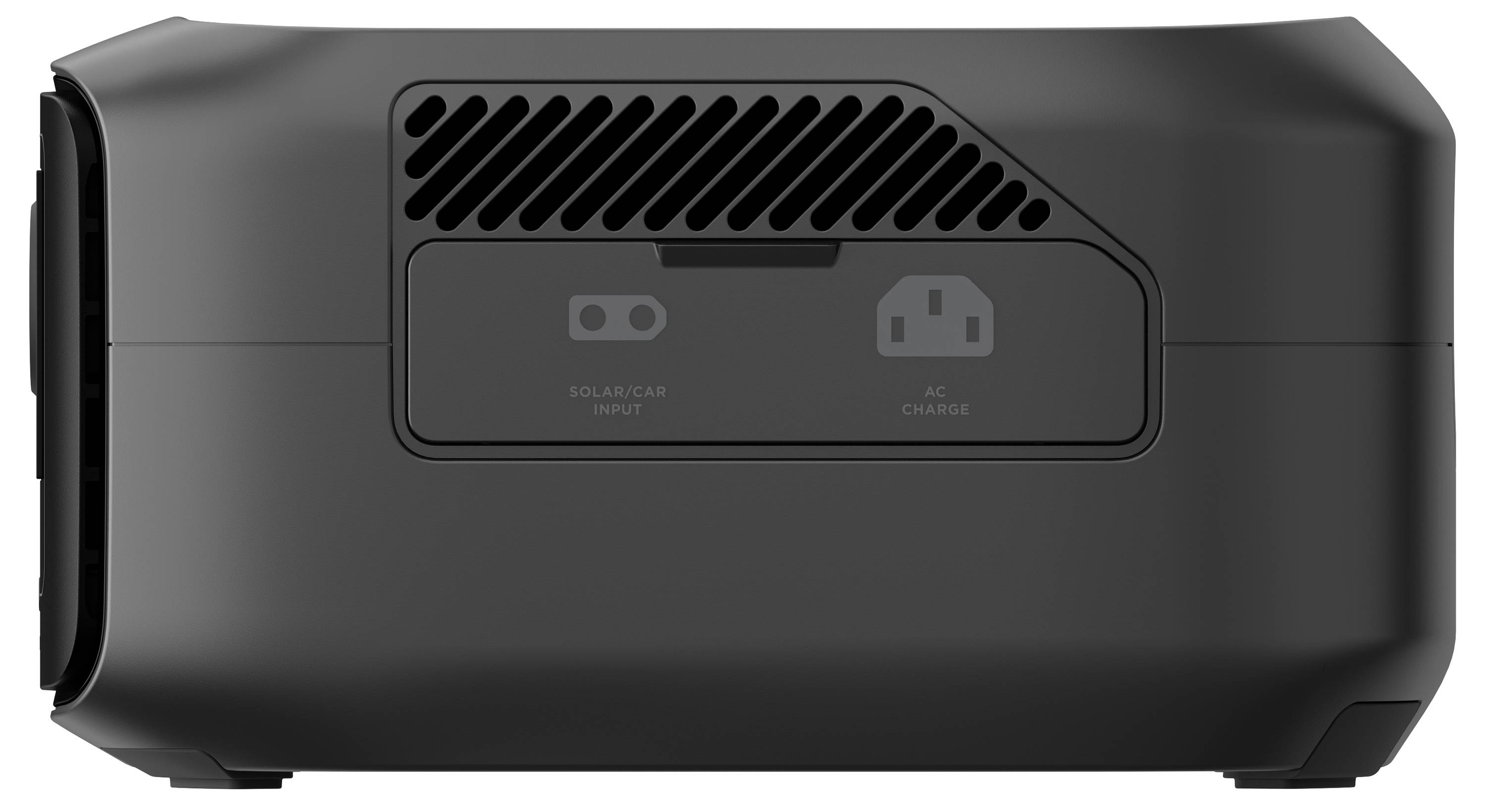Schwarzes Gerät mit zwei Anschlüssen, beschriftet mit 'Solar/Car Input' und 'AC Charge', auf der Rückseite.