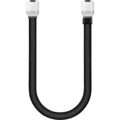 Schwarzes, gewebtes Kabel mit silbernen Steckverbindern an beiden Enden, geeignet für Elektronik- oder Computeranschlüsse.