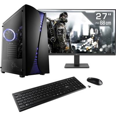 Ein Desktop-Computer-Set mit Monitor, Tastatur und Maus. Der Monitor zeigt ein Videospiel-Szenario mit einer Figur in einer dystopischen Stadt.