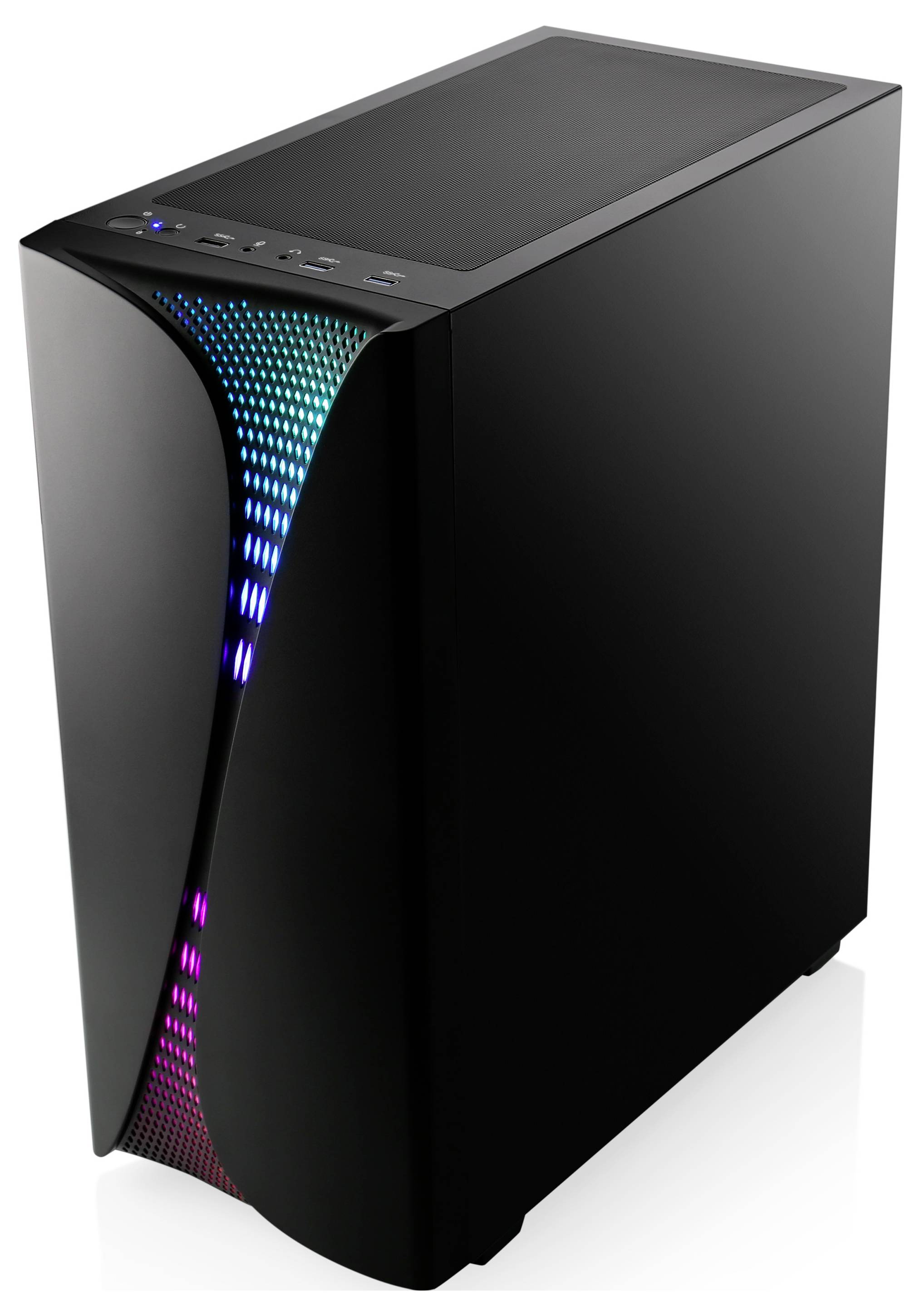 Schwarz glänzendes PC-Gehäuse mit LED-Lichtern an der Vorderseite in einem geschwungenen Muster, das Blau- und Rosa-Töne zeigt.