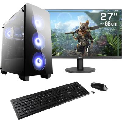 Gaming-Setup mit einem großen Monitor, der ein Spiel zeigt, beleuchtetem PC-Gehäuse im Hintergrund und einer kabellosen Tastatur mit Maus im Vordergrund.