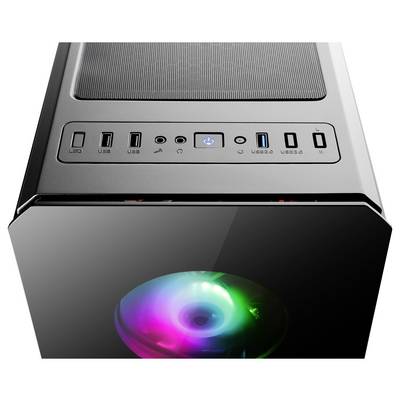 Ein Computergehäuse mit leuchtendem Lüfter. Oberseite zeigt USB-Anschlüsse, Audiobuchse und Power-Button. Gehäuse ist modern und stilvoll.