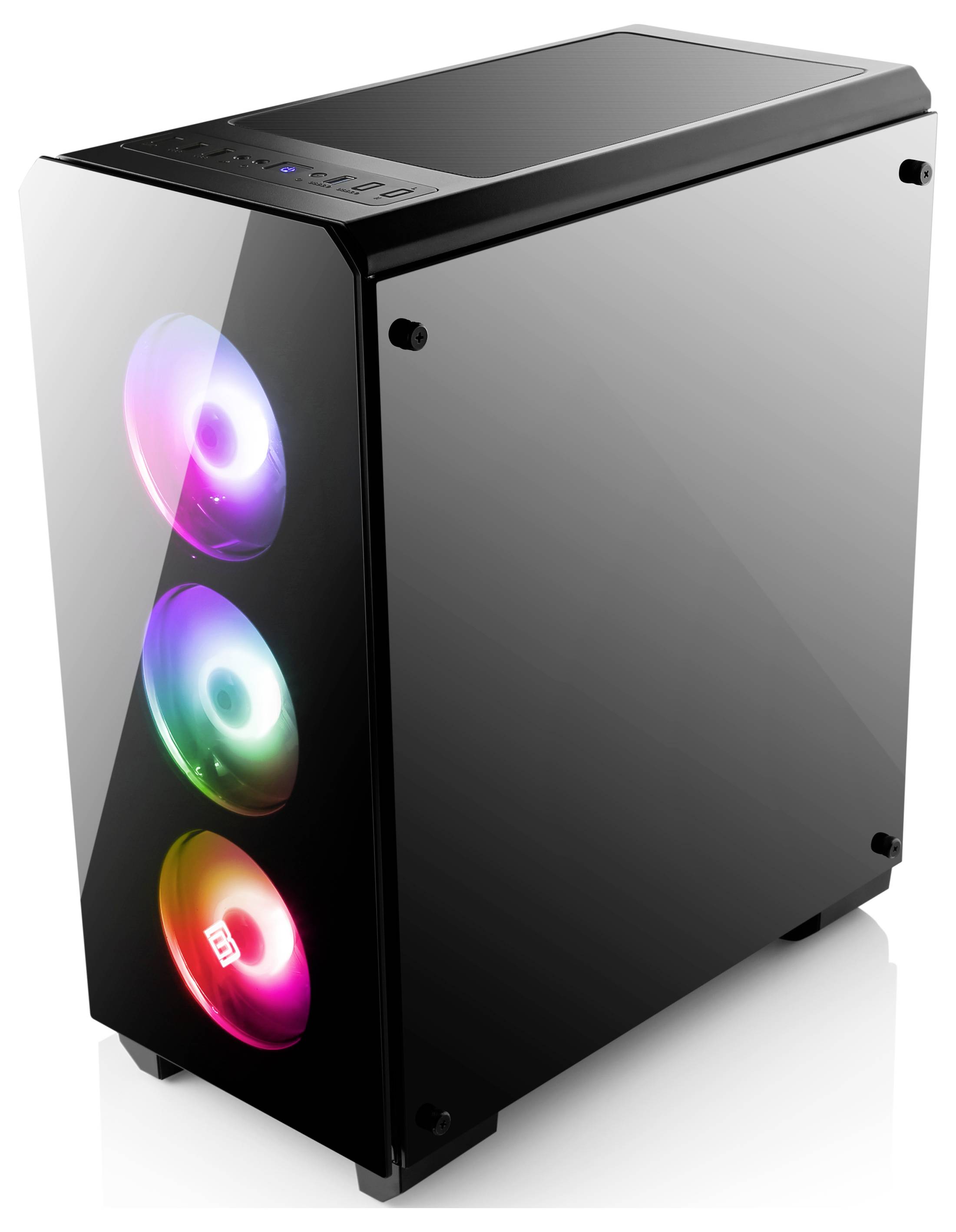 Schwarzes PC-Gehäuse mit drei leuchtenden RGB-Lüftern an der Front. Modernes Design mit Glasfront.