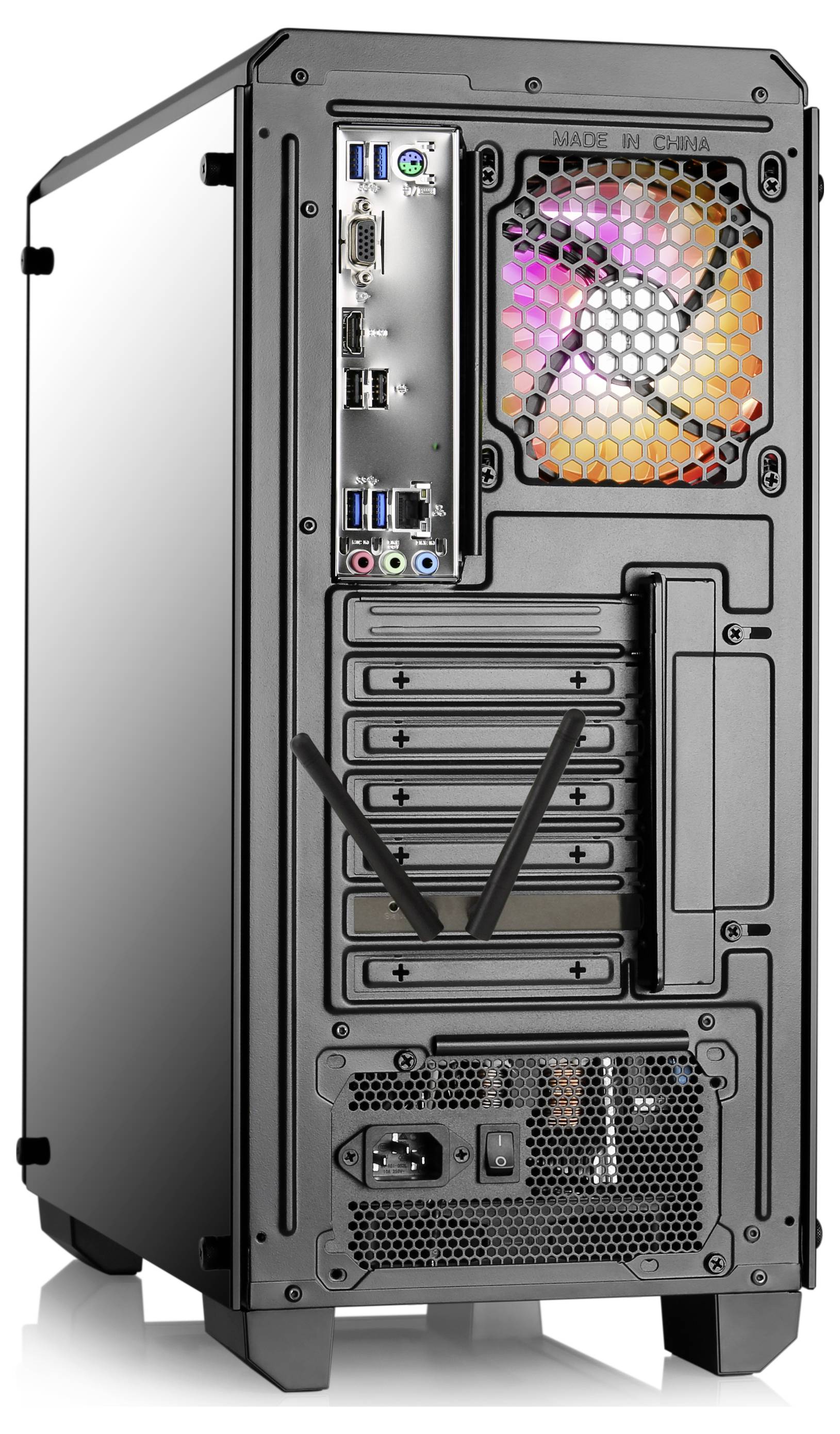 Ein schwarzes Computergehäuse mit sichtbaren USB-Anschlüssen, Audioanschlüssen und einem beleuchteten Lüfter an der Rückseite.