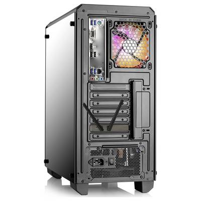 Ein schwarzes Computergehäuse mit sichtbaren USB-Anschlüssen, Audioanschlüssen und einem beleuchteten Lüfter an der Rückseite.