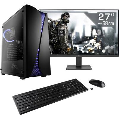 Computer-Setup mit Monitor, Tastatur und Maus. Der Monitor zeigt ein Videospiel-Charakterbild. System für Gaming und Arbeitsplatzanwendungen geeignet.
