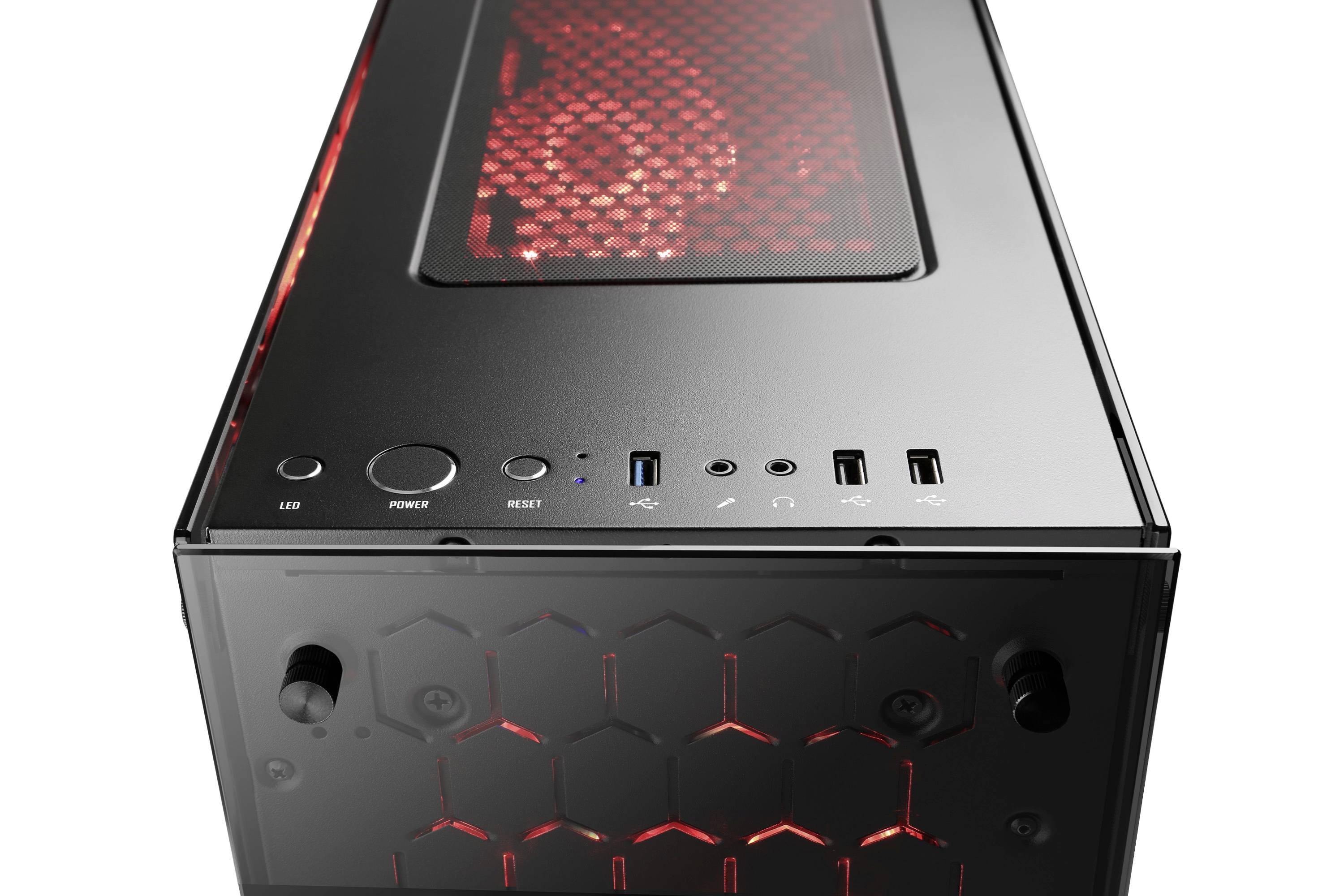 Schwarzes Computergehäuse mit roter LED-Beleuchtung, zeigt USB-Anschlüsse und Power-Schalter an der Frontseite.
