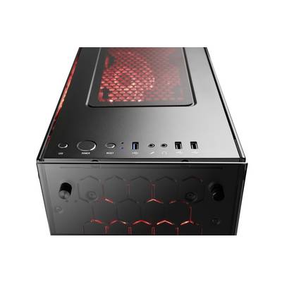 Schwarzes Computergehäuse mit roter LED-Beleuchtung, zeigt USB-Anschlüsse und Power-Schalter an der Frontseite.