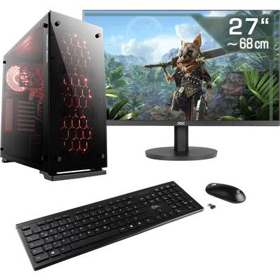 Computer-Setup mit Monitor, der ein Videospiel zeigt. Tastatur und Maus daneben. Der Bildschirm zeigt einen fiktiven Charakter in einer Dschungelszene.