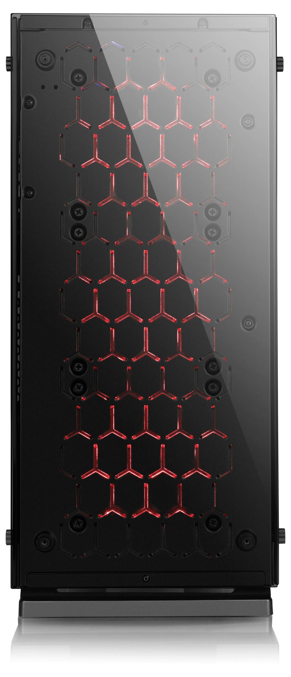 Schwarzes Computergehäuse mit durchsichtigem Frontpanel und roten, wabenförmigen LED-Lichtern im Inneren.