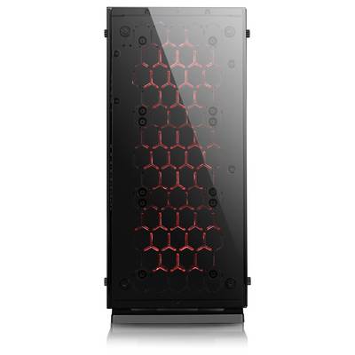 Schwarzes Computergehäuse mit durchsichtigem Frontpanel und roten, wabenförmigen LED-Lichtern im Inneren.