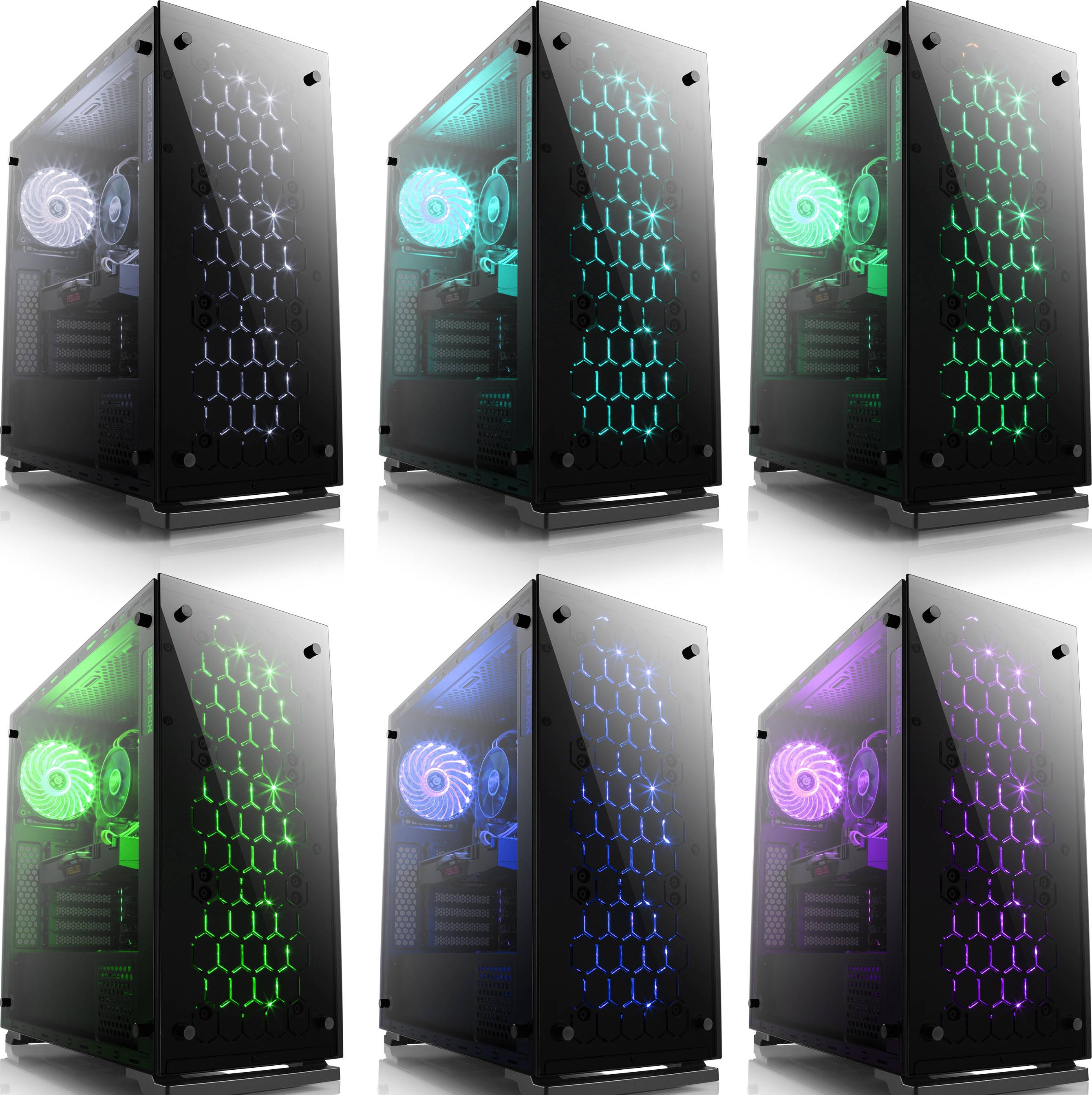 Sechs Computergehäuse mit transparenten Seiten, beleuchtet in verschiedenen Farben (weiß, blau, grün, rot, violett).