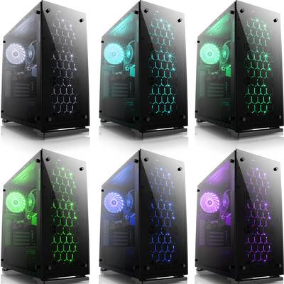 Sechs Computergehäuse mit transparenten Seiten, beleuchtet in verschiedenen Farben (weiß, blau, grün, rot, violett).