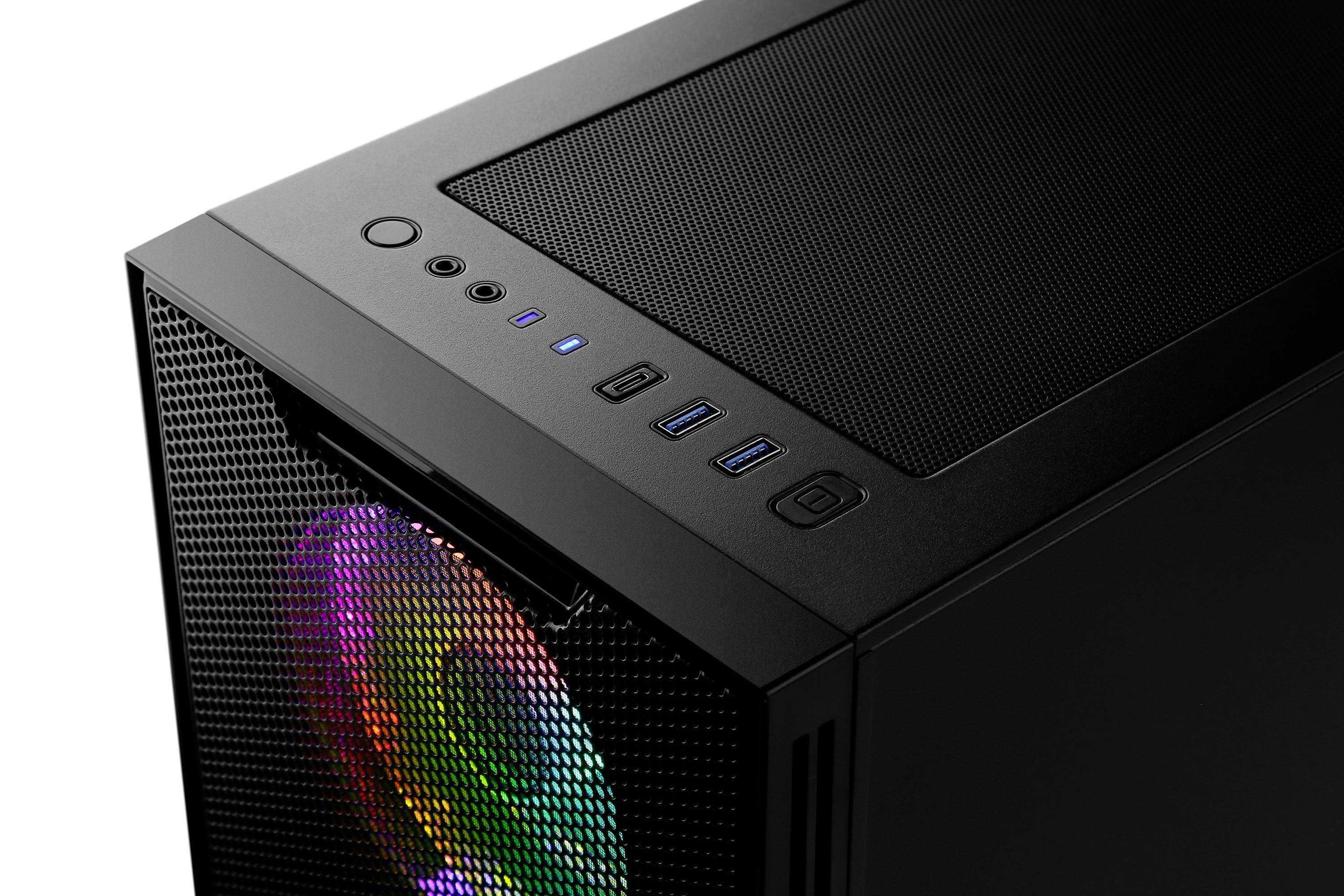 Ein schwarzes Computergehäuse mit einem leuchtenden RGB-Lüfter vorne und mehreren USB-Anschlüssen sowie Tasten auf der Oberseite.