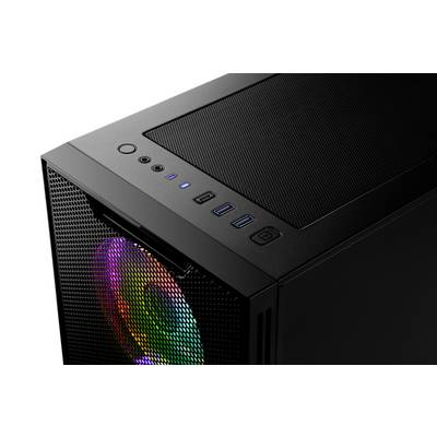 Ein schwarzes Computergehäuse mit einem leuchtenden RGB-Lüfter vorne und mehreren USB-Anschlüssen sowie Tasten auf der Oberseite.