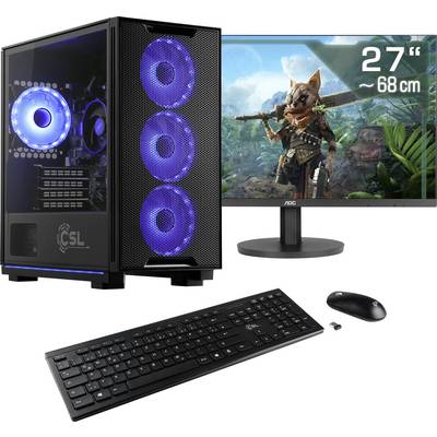 Desktop-Computer mit beleuchtetem Gehäuse, 27-Zoll-Monitor mit Spielszene, kabellose Tastatur und Maus.