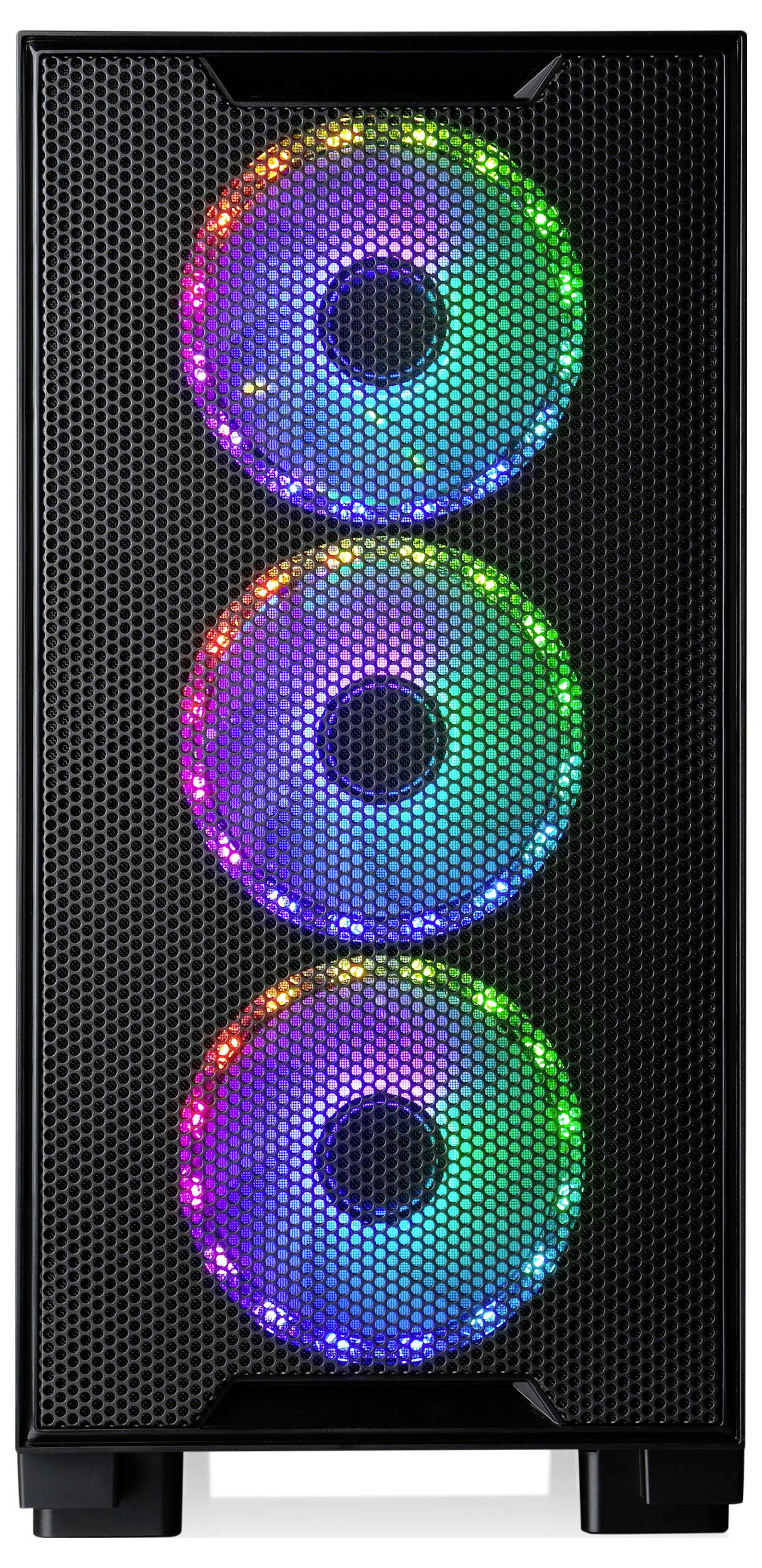 PC-Gehäuse mit drei vorderen Lüftern, die in Regenbogenfarben beleuchtet sind. Schwarzes Mesh-Design sorgt für Belüftung.