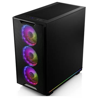 Ein schwarzes Computergehäuse mit drei leuchtenden RGB-Lüftern an der Front und RGB-Leiste unten, stehend auf einem weißen Hintergrund.