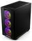 Ein schwarzes Computergehäuse mit drei leuchtenden RGB-Lüftern an der Front und RGB-Leiste unten, stehend auf einem weißen Hintergrund.